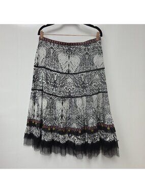 KAS Designs Skirt Womens M Black White Paisley Boho Midi Lined Pockets Ruffle